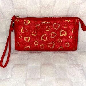 EUC Coach Red Wristlet with Gold Heart Accents Program Hearts Signature Clutch